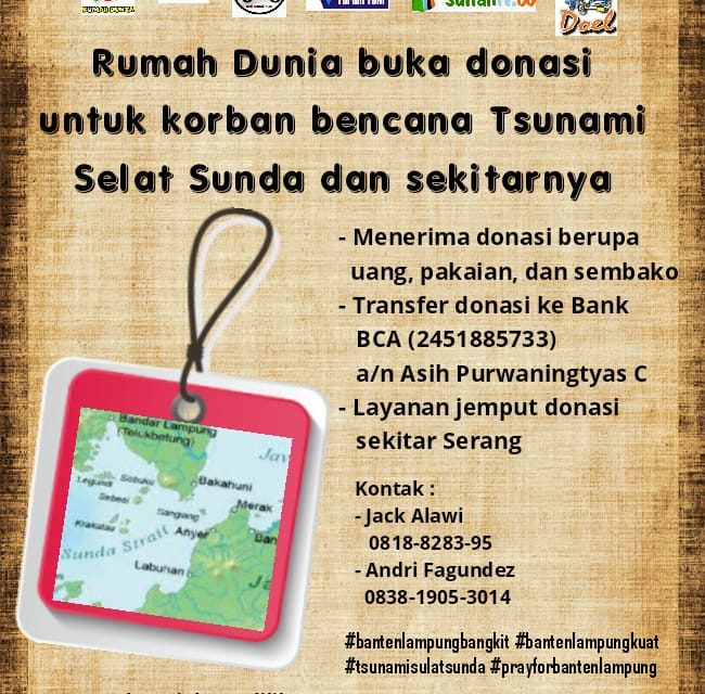 Rumah Dunia dan Motor Literasi Buka Donasi Korban Tsunami Banten-Lampung